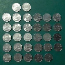 COLLEZIONE 31 MONETE DA 5 LIRE 1968-1998 (CON 1984,1985,1993) - FDC DA ROTOLINO