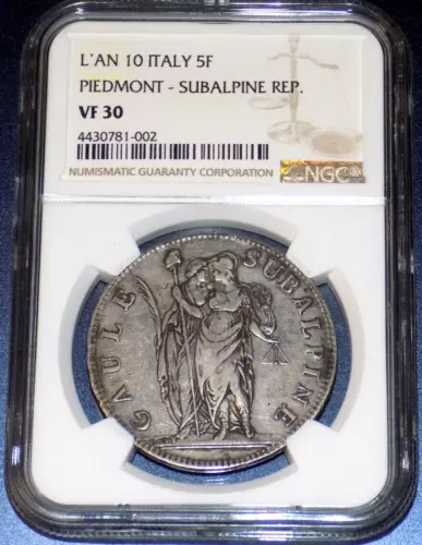 1802 L'AN 10 ITALY PIEDMONT SUBALPINE REP. 5F 5 Francs NGC VF30 CERTIFIED COIN