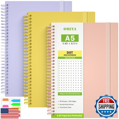 3 Pack Dotted Journal Notebook, 1 Subject Spiral Notebook with Pockets, A5 Bu