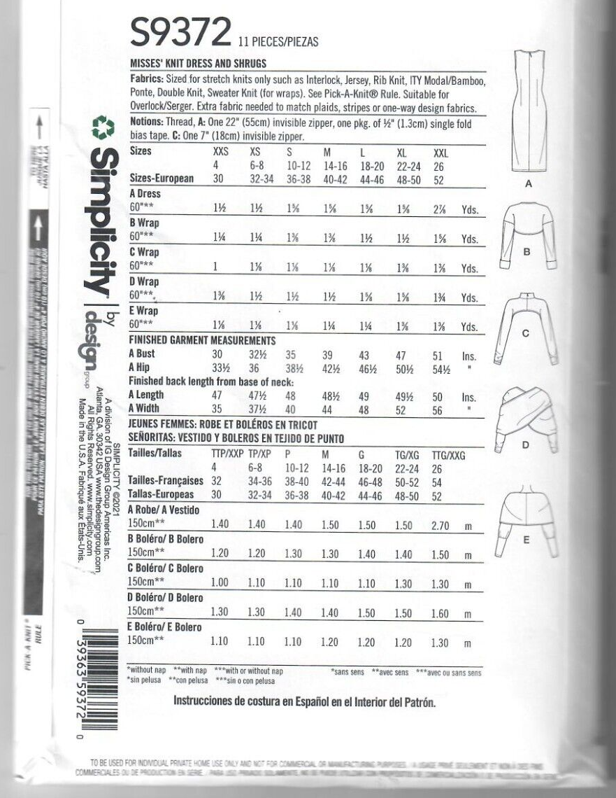 simplicity misses knit dress and shrugs-xxs-xs-s-m-l-xl-xxl -ss9372a Simplicity Misses Knit Dress and Shrugs-XXS-XS-S-M-L-XL-XXL -SS9372A