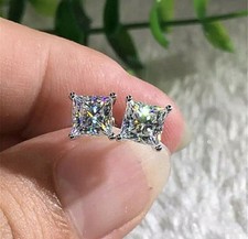 2 Ct Princess Cut Lab Created Solitaire Stud Earrings 14k White Gold 6mm Push Bk
