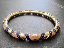 Vintage Cloisonne Champleve Enamel Butterfly Bangle Bracelet Cobalt Blue Gold