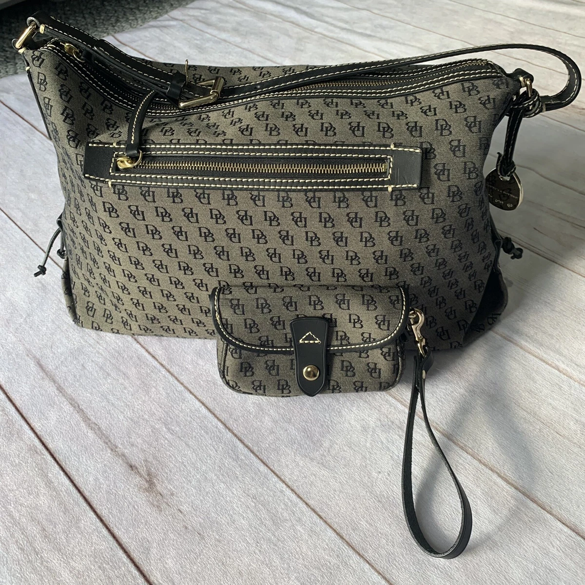 Dooney Bourke Monogram H461C w/ Wristlet Gray Canvas Leather Trim 