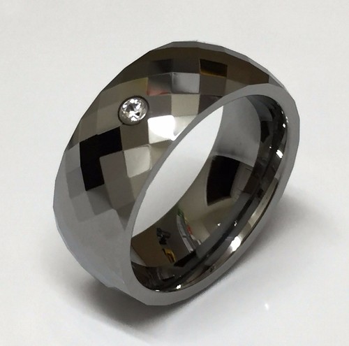 Men's Tungsten Carbide Silver CZ Faceted Cut Comfort Fit Wedding Ring & Band 8mm - Picture 2 of 4