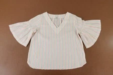 A New Day Women's Size Small White Neon Striped Short Flare Sleeve V Neck Blouse
