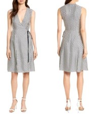 Diane Von Furstenberg Dress 4 Black And Ivory Silk Polka Dot Flare Side Tie Wrap