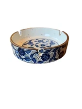 Vintage Floral Ceramic Ashtray Blue/Brown Earth tones Glazed Cute Trinket Dish
