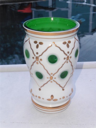 Vintage Bohemian White Cased Cut to Green Gold Trim Glass Vase - Picture 3 of 6