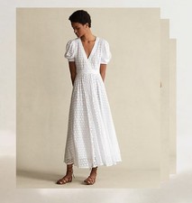 Polo Ralph Lauren Eyelet Cotton A Line Dress Puff Sleeve White Cottage Size 4