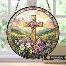 Christian Cross Wildflowers Stained Glass Suncatcher, Christian Faith Home Decor