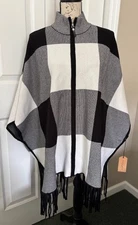 Christian Siriano Plaid Poncho Shawl Cape With Fringe Black & White, NWT