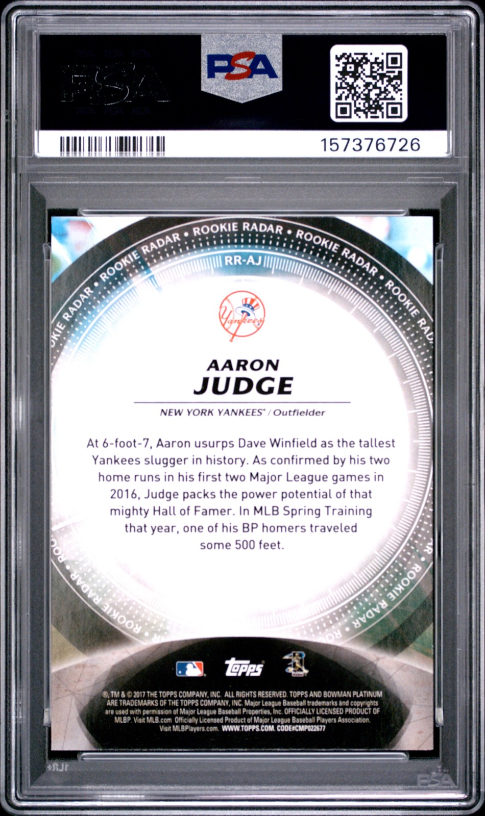 2017 BOWMAN PLATINUM ROOKIE RADAR #RR-AJ AARON JUDGE ROOKIE RC PSA 6 view 2