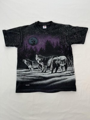 Vintage Wolves Moon Shirt Mens Medium Black Graphic 1991 90s San Segal Anvil