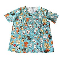 Unbranded Teal Cartoon Animal Print Scrub Top V-Neck Short Sleeve Women's Medium