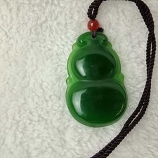 Chinese handmade carving Natural Green Jade bean Lucky Pendant Necklace