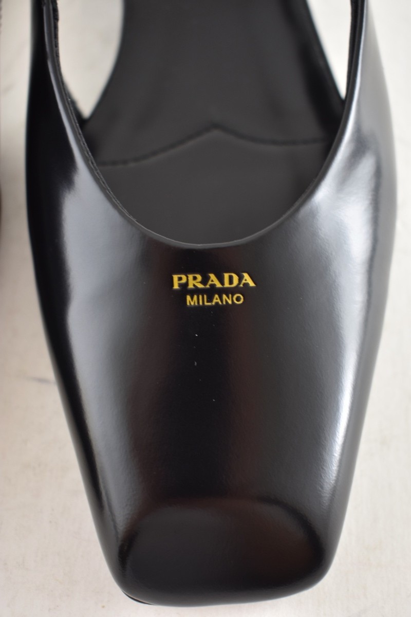 Prada Black Leather Square Toe Mary Jane Slingback Ballerina