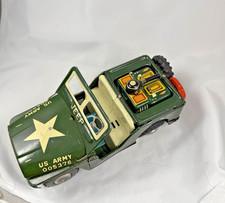 TOY Japan Vintage Tin US Army Jeep Friction Hidden Gunner w/ Driver Helmet