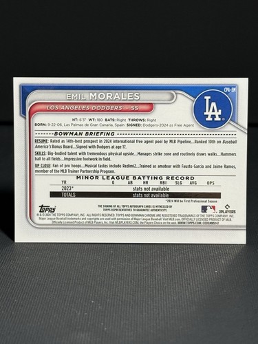 2024 Bowman Chrome Emil Morales 1st Bowman Chrome Prospect On Card Auto - Picture 2 of 2