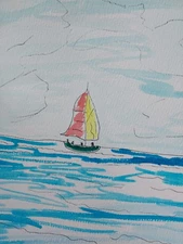 GAT ORIGINAL WATERCOLOR Painting 9X12 Abstract Ocean seascape Sail Boat Ocean 