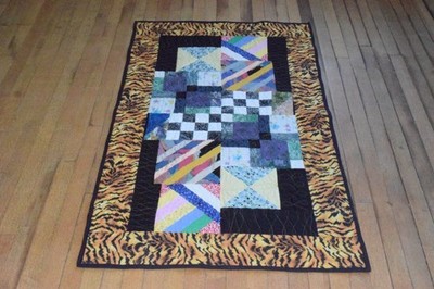 Vintage Bed Runner Coverlet Quilt 80s 90s Black Colorful Squares 55X32In
