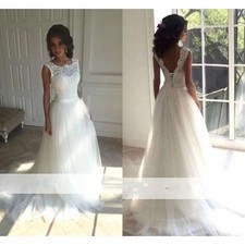 Simple Tulle Wedding Dresses Lace O-Neck Sleeveless A Line Bridal Gowns Backless