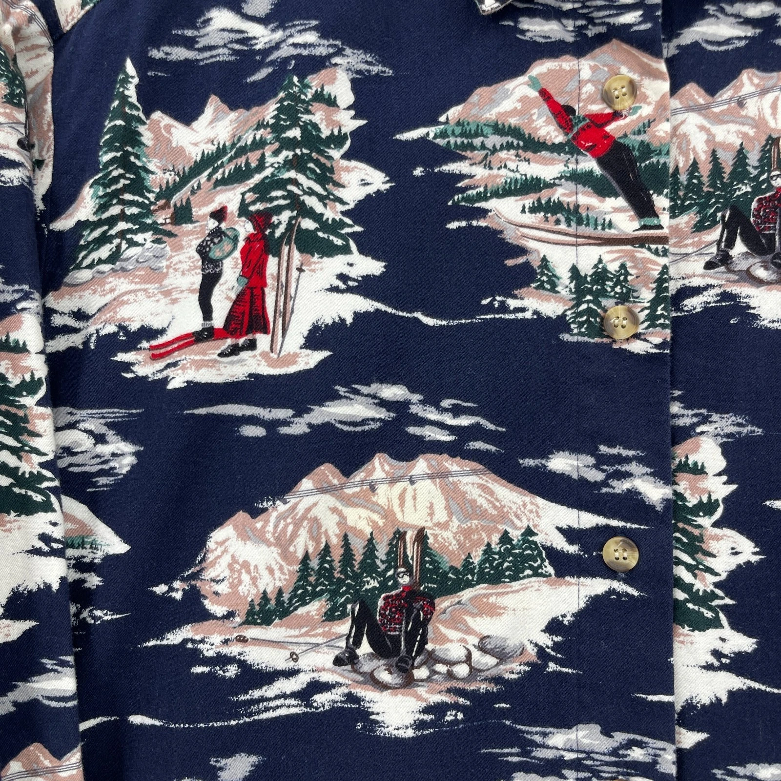 Vintage Men's M Allover Ski Skiing Alpine Print Button Front Flannel Shirt Navy