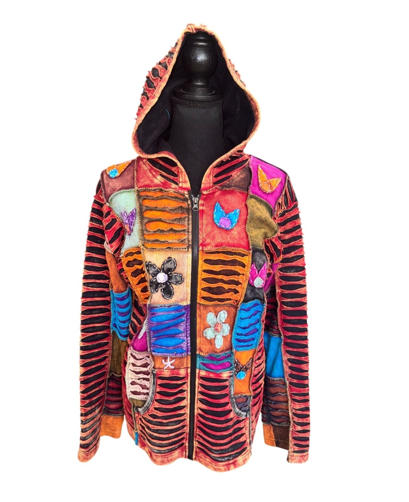 Windhorse Handmade Boho Patchwork Hooded Jacket X… - image 1