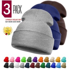  3 PACK Solid Plain Slouchy Knit Beanie Hat Value Set Winter Skull Cap CF