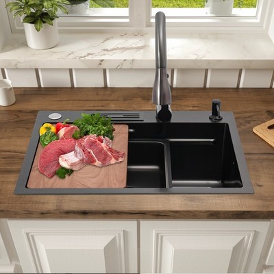 Multifunctional Kitchen Sink Stainless Steel Rectangular Sink w/ Pull-out Faucet