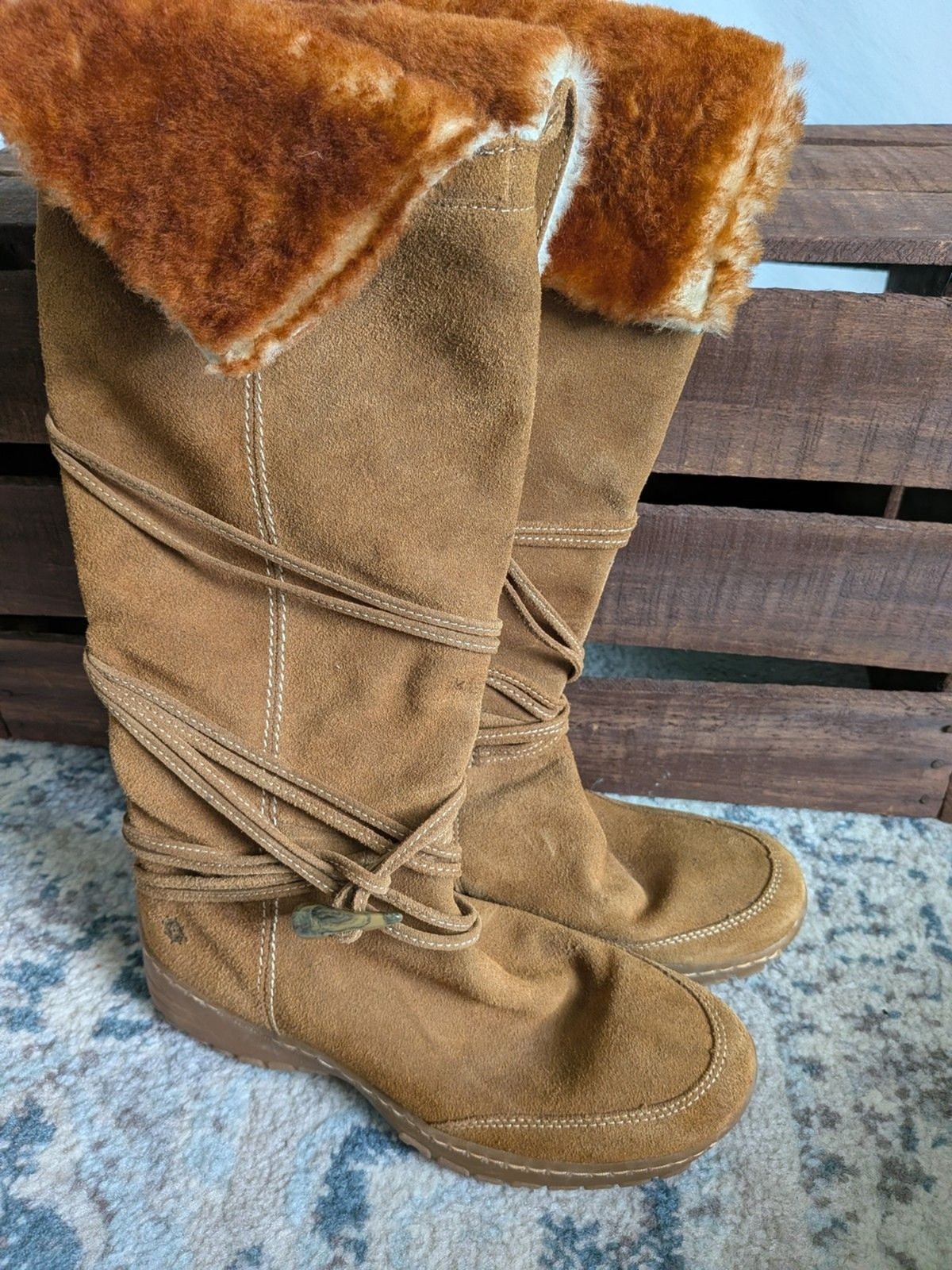 Ruff Hewn Fiona Suede Tall Winter Boot Faux Shearling Lace Up Toggle Brown 6