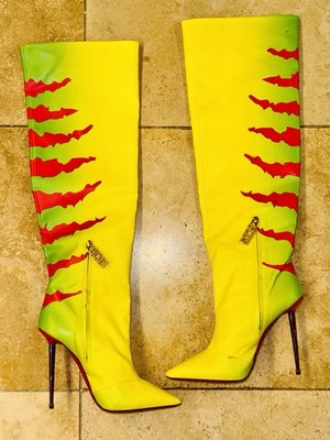 GCDS Jurassic Park Boots Rare Dino Logo Yellow Knee High Heels