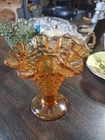 Fenton Amber Hobnail Double Crimped Footed Bud Vase 4" MINT!