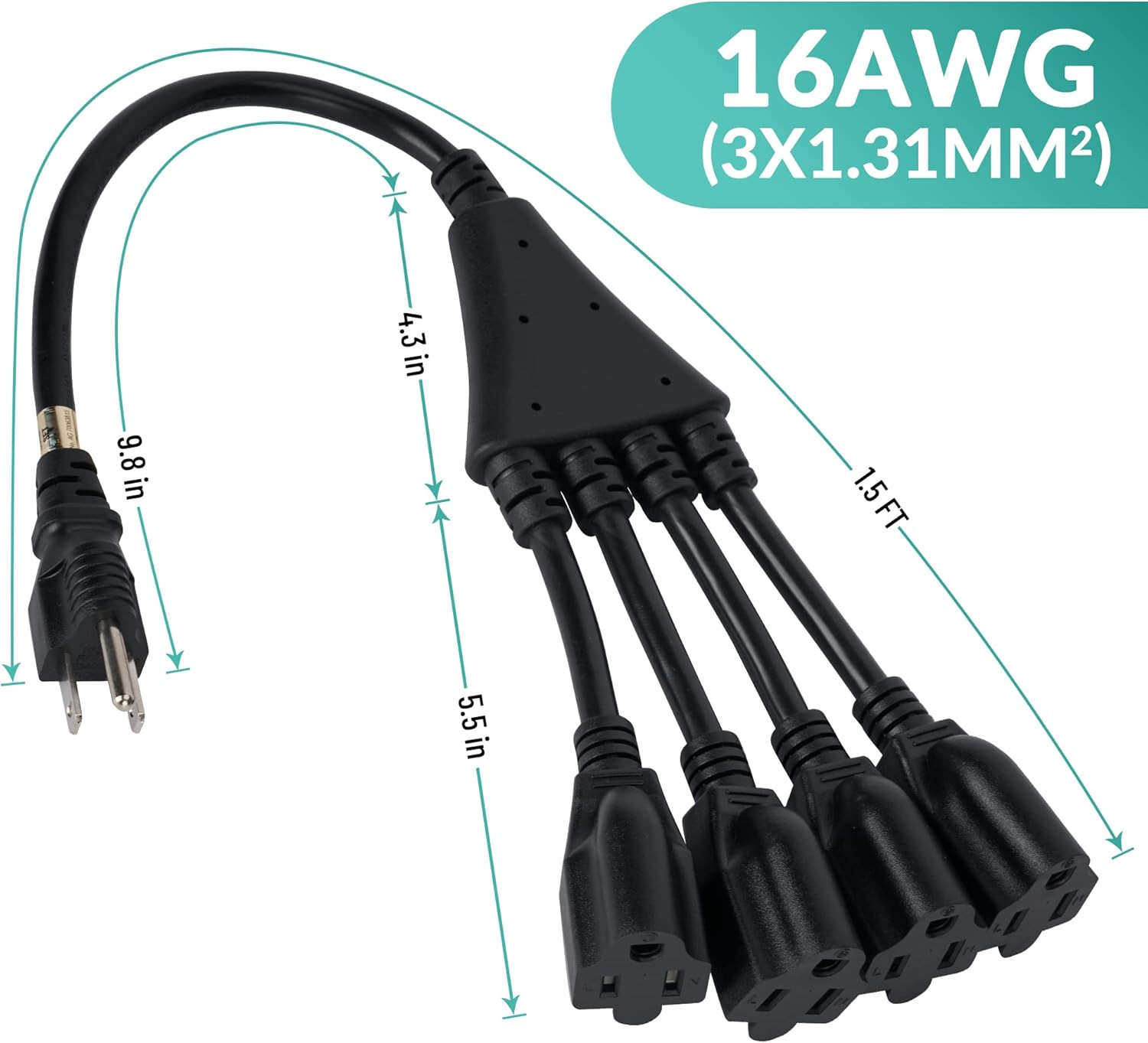 4 Way Power Cord Splitter Cable-3 Prong 1 to 4 Extension Cord-Outlet Saver- Male