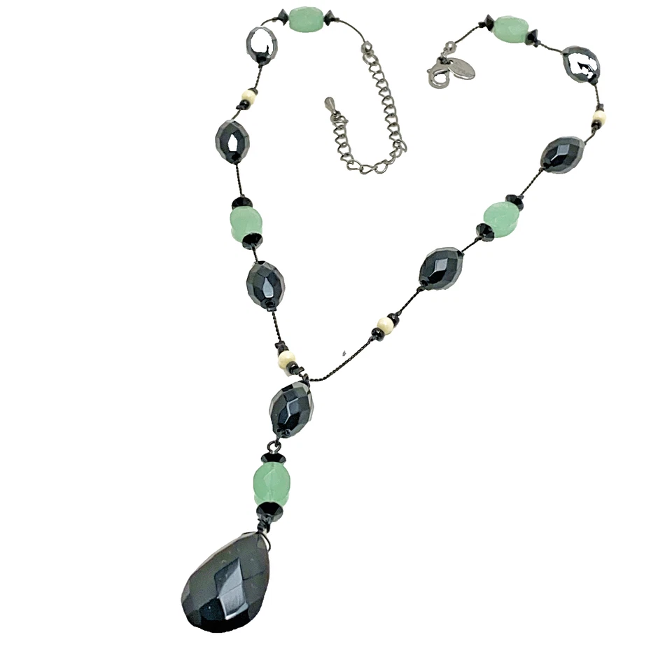 Colar Lia Sophia Y gota pimenta-estado perfeito verde jade cristal preto 16-19 polegadas - Imagem 3 de 4