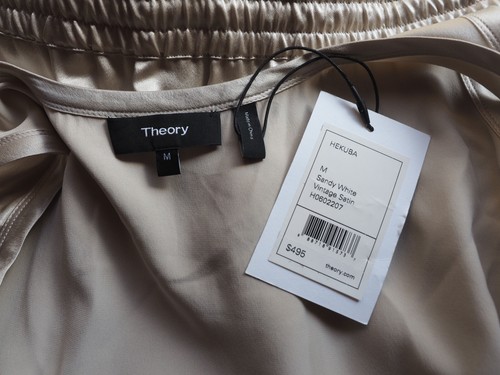 Theory Hekuba Silk Jumpsuit Drawstring Waist Vintage Satin Sandy White M $495 - Picture 4 of 6