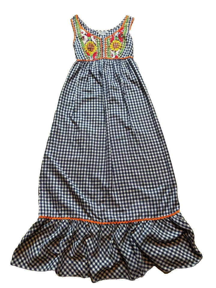 Vintage 70s Joseph Magnin Embroidered Gingham Maxi Dress Boho Hippy Sunflower XS - Image 1 of 4