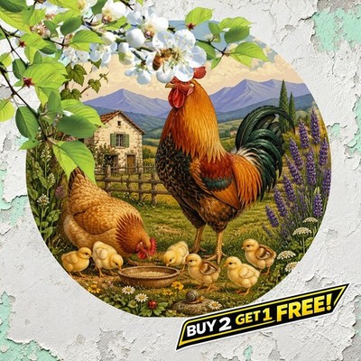 Rustic Amber Rooster Farm Style Round Metal Tin Sign Kitchen Decor