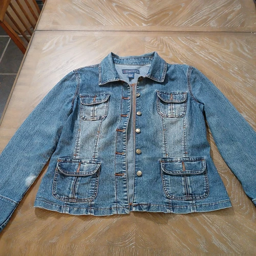 Baccini Women Denim Jean Jacket SzL Medium Wash Stretch Cotton 6 Button Closure