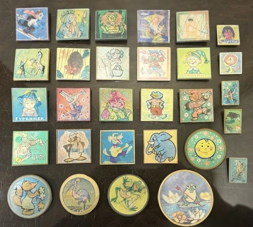 Huge Lot 29 Vintage USSR Lenticular Flicker Pins - Mowgli, Buratino, Circus Rare