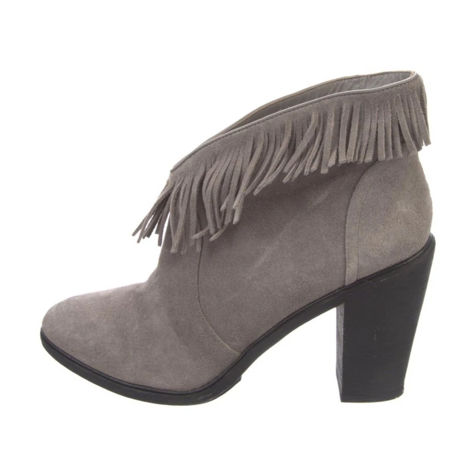 Joie "Loren" Grey Leather Suede 4" Heel Ankle Booties w/ Fringe, Size 10.5, VGUC - Image 2 of 4