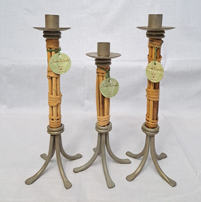 Set of 3 Trade Winds Candle Holders Rustic Metal Base Bamboo Rattan Asian Boho