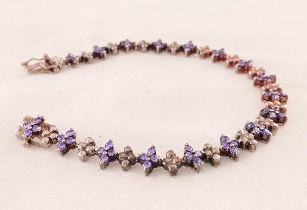 Solid Sterling Silver Tennis Bracelet Amethyst Fl… - image 3