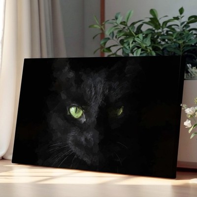 Schwarze Katze mit grünen Augen in abstraktem Tier Leinwand Wandbild Kunstdruck fertig zum Aufhängen
