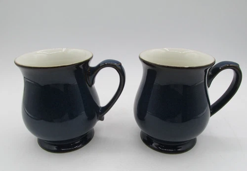 DENBY ENGLAND STONEWARE FOOTED COFFEE CUPS MUGS BLUE & WHITE!