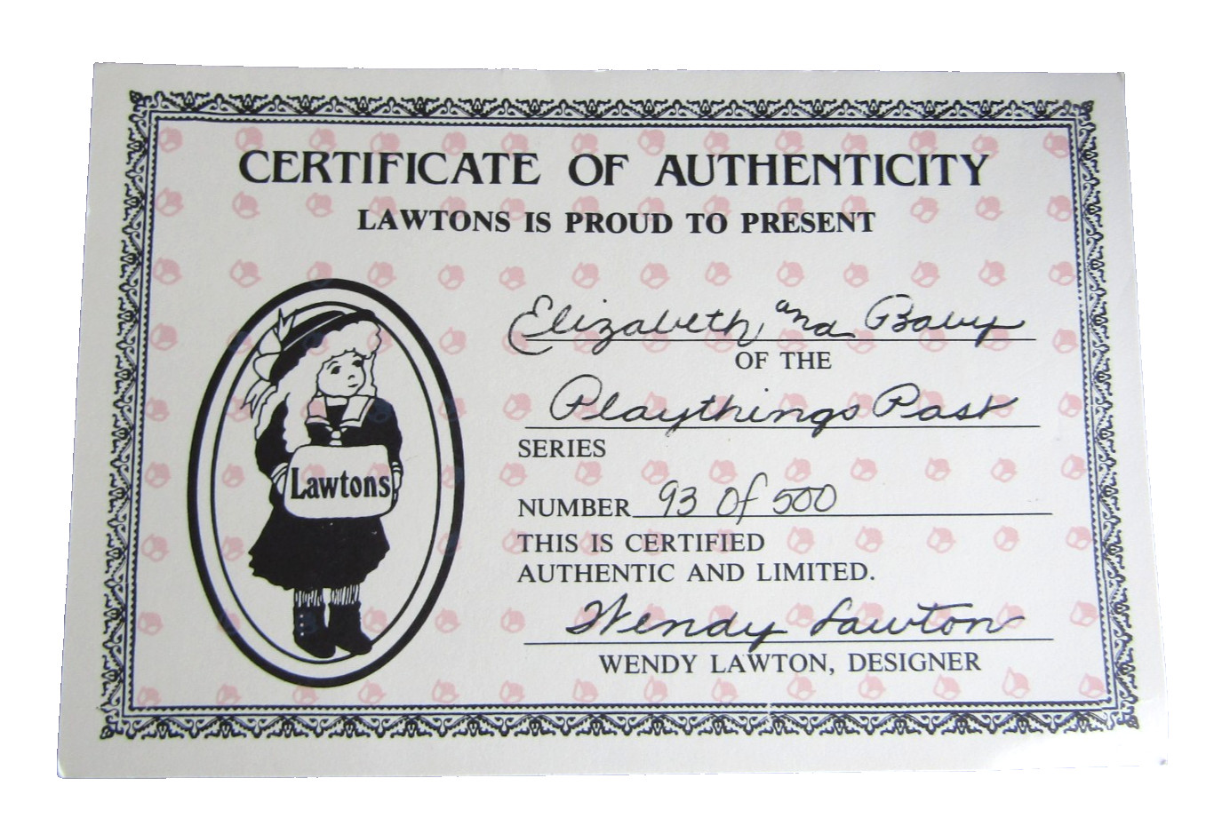 Wendy Lawton 12" Doll ELIZABETH and BABY, #93/500, Playthings Past, MIB 1989