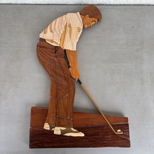 Male Golfer Wall Art Decor Wood Inlay Intarsia Style Sports Figure Vntg 21 x 13