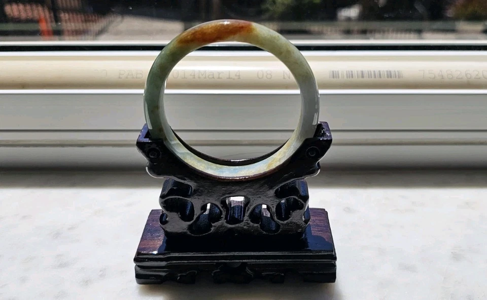 Brazalete Birmania Certificado 57 mm Plano Rojo Marrón Verde Jadeíta 翡翠 手镯 Foto 2 de 4