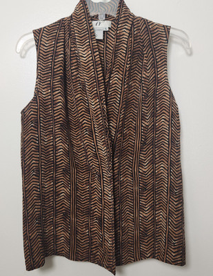 Vintage 100% Silk Geometric Sleeveless Double Breasted Blouse Brown Black Small