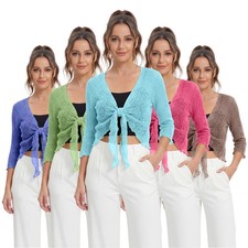  Womens Tie Up Open Front Shrug Ladies Knitted Cropped Bolero beach summer Top
