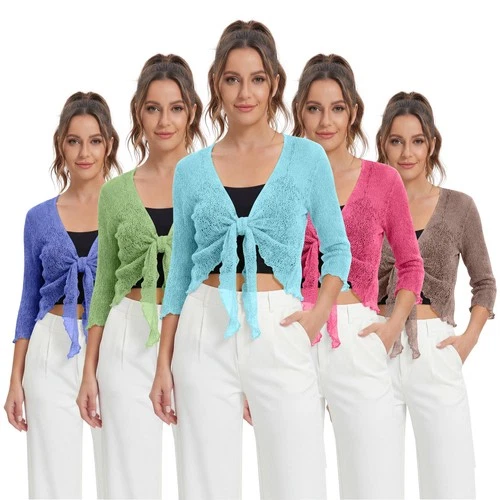 Womens Tie Up Open Front Shrug Ladies Knitted Cropped Bolero beach summer Top